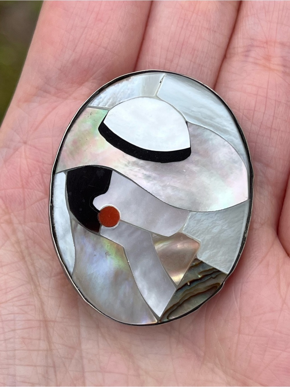 Art Deco Lady Brooch Pendant Sterling Silver 925 Mother Of Pearl Abalone Inlay